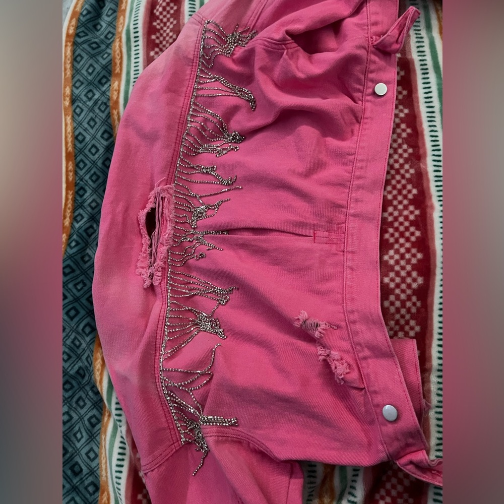 Blue B Cropped Hot pink Jean jacket with rhinestones on back!! Worn Once!!!!